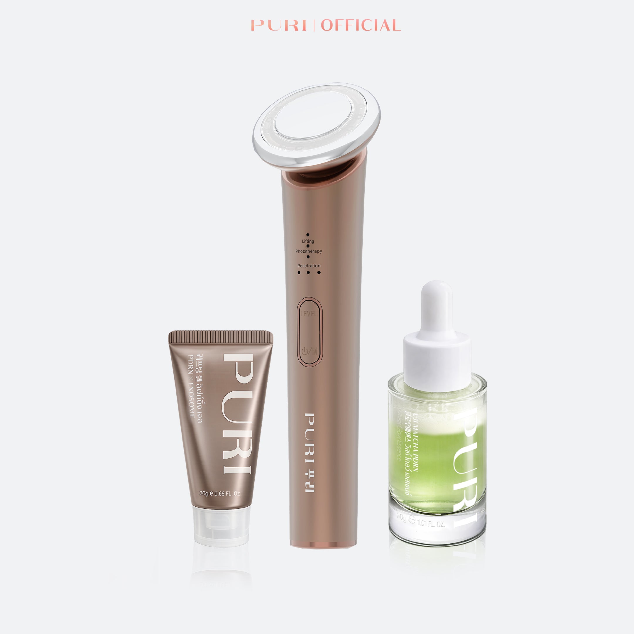 Puri EMS Facial Uplift Device& Uji Matcha PDRN Whisk Glow Essence & Mini Lifting gel 20g